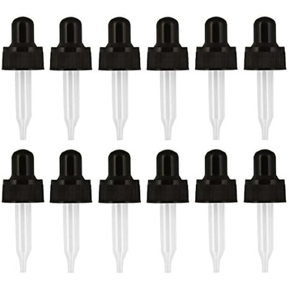 Year of Plenty glass eye droppers 12 pack front view showcasing black caps and clear pipettes.
