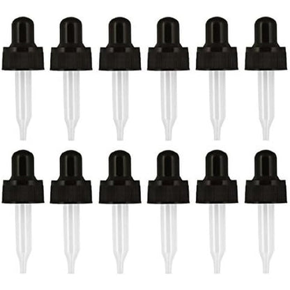 Year of Plenty glass eye droppers 12 pack front view showcasing black caps and clear pipettes.
