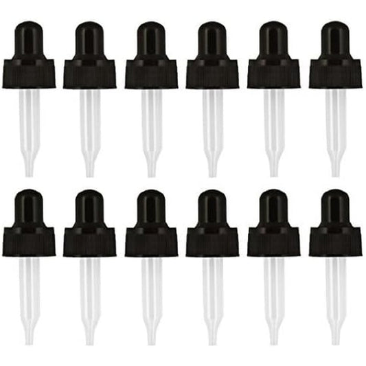 Year of Plenty glass eye droppers 12 pack front view showcasing black caps and clear pipettes.