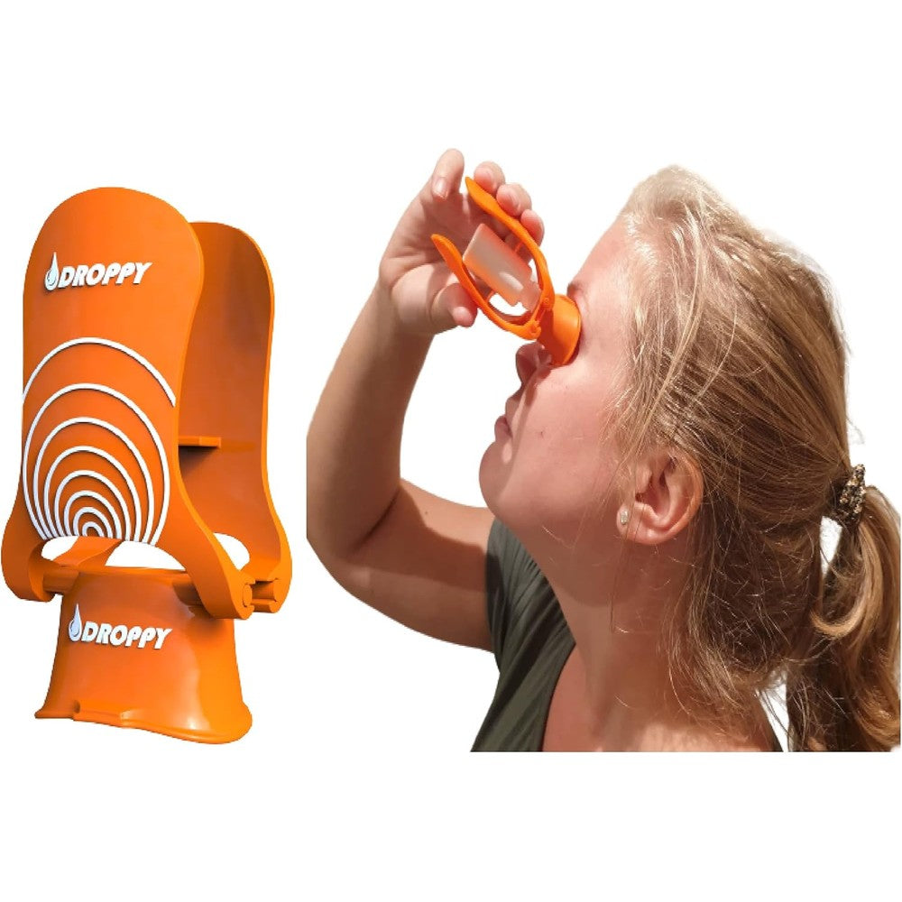 Droppy Universal Eye Drop Dispenser front view showing orange assistive device