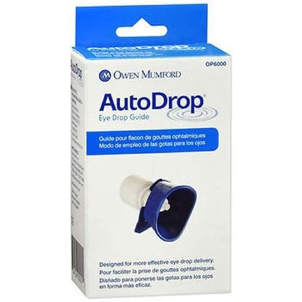 Owen Mumford Autodrop Eyedrop Guide front view blue and white plastic applicator tool for accurate self-administration.