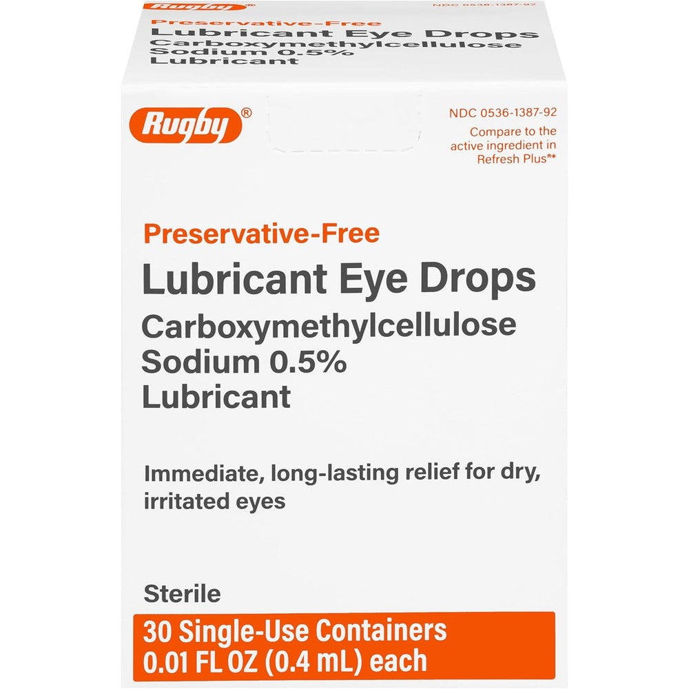 Rugby Laboratories Preservative Free Lubricant Eye Drops front view of the box showing 30 single use containers for dry eye relief.