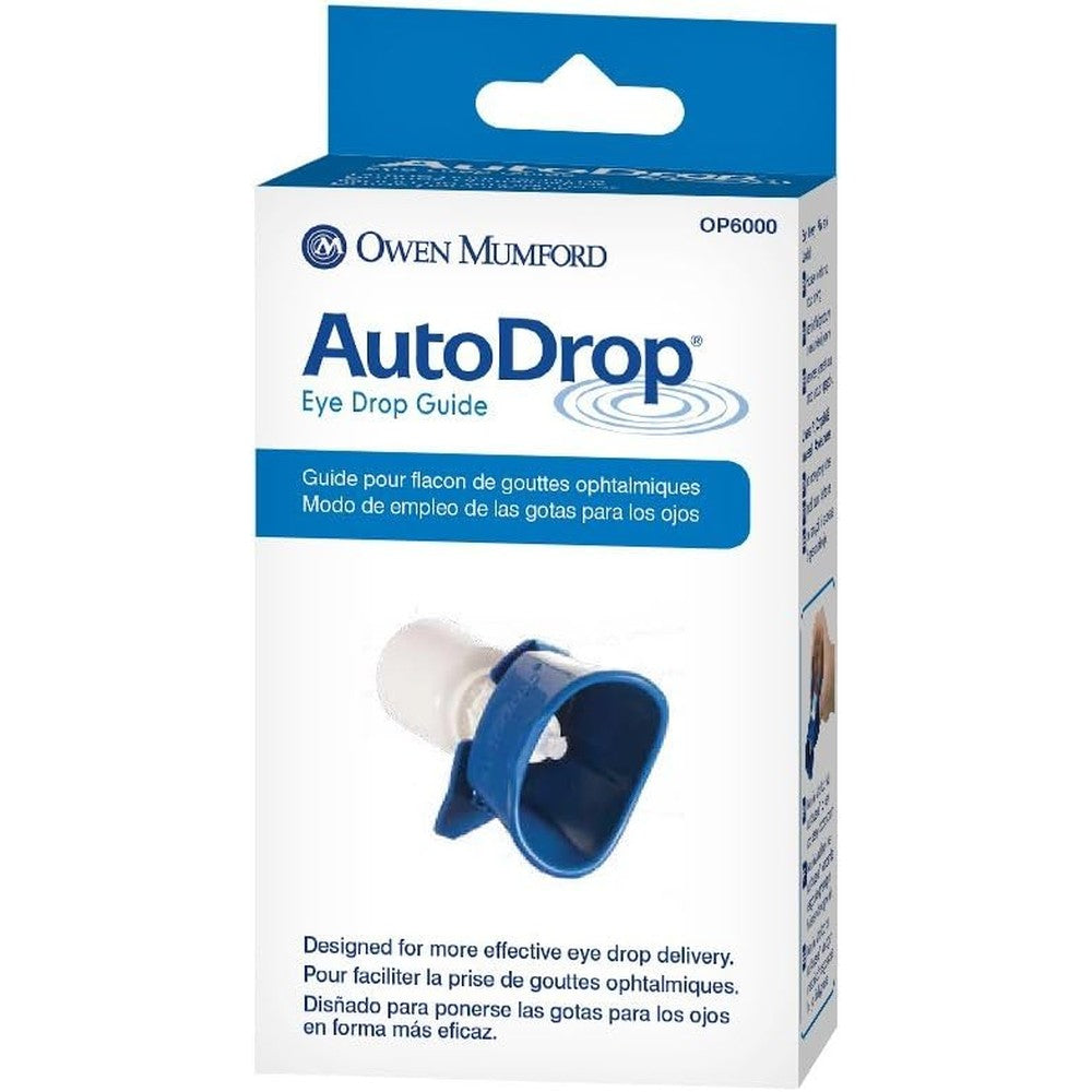 Owen Mumford Autodrop Eye Guide front view of blue applicator cup attached to bottle