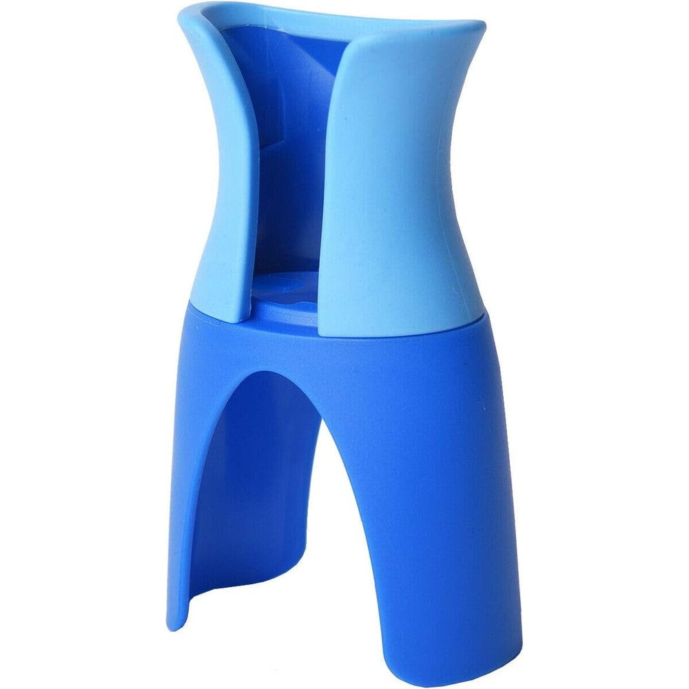 Remedic Eye Drop Helper front view showing two-toned blue plastic dispenser device.
