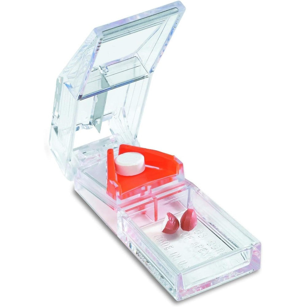 Apex Deluxe Pill Splitter front view showing clear optical grade polycarbonate lid and gray base.