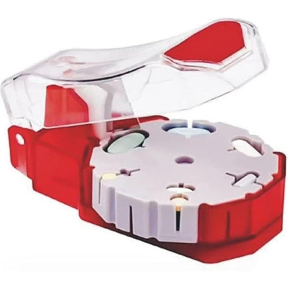 YRDGRG Perfect Pill Cutter front view showing the red compact safety exterior.