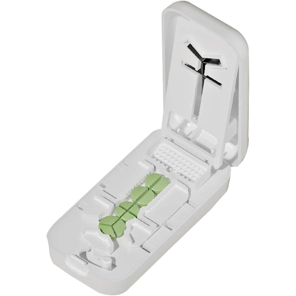 YULIKIKER Professional Pill Cutter front view showing white compact exterior