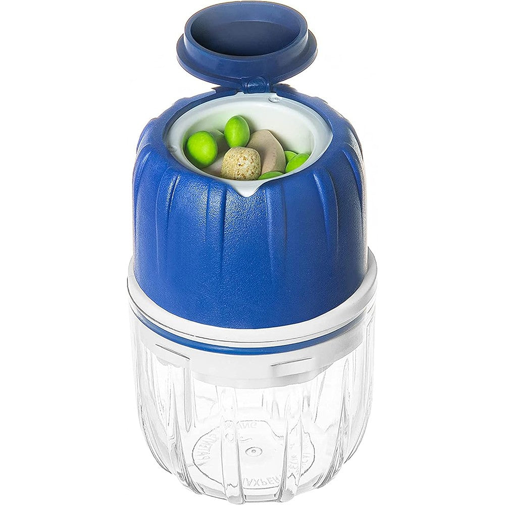 MAXGRIND pill crusher and grinder blue front view for fine powder medication prep