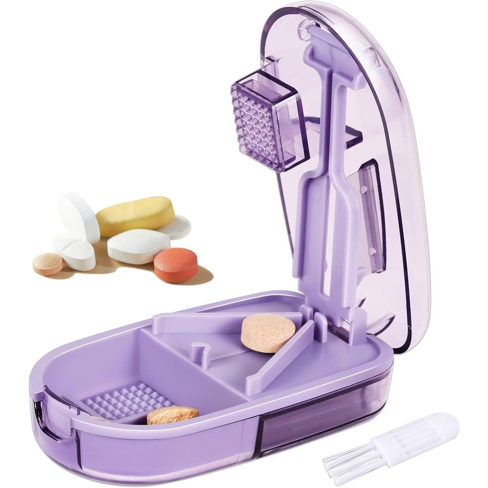 ColeMela pill cutter splitter front view showing the purple exterior and compact design.
