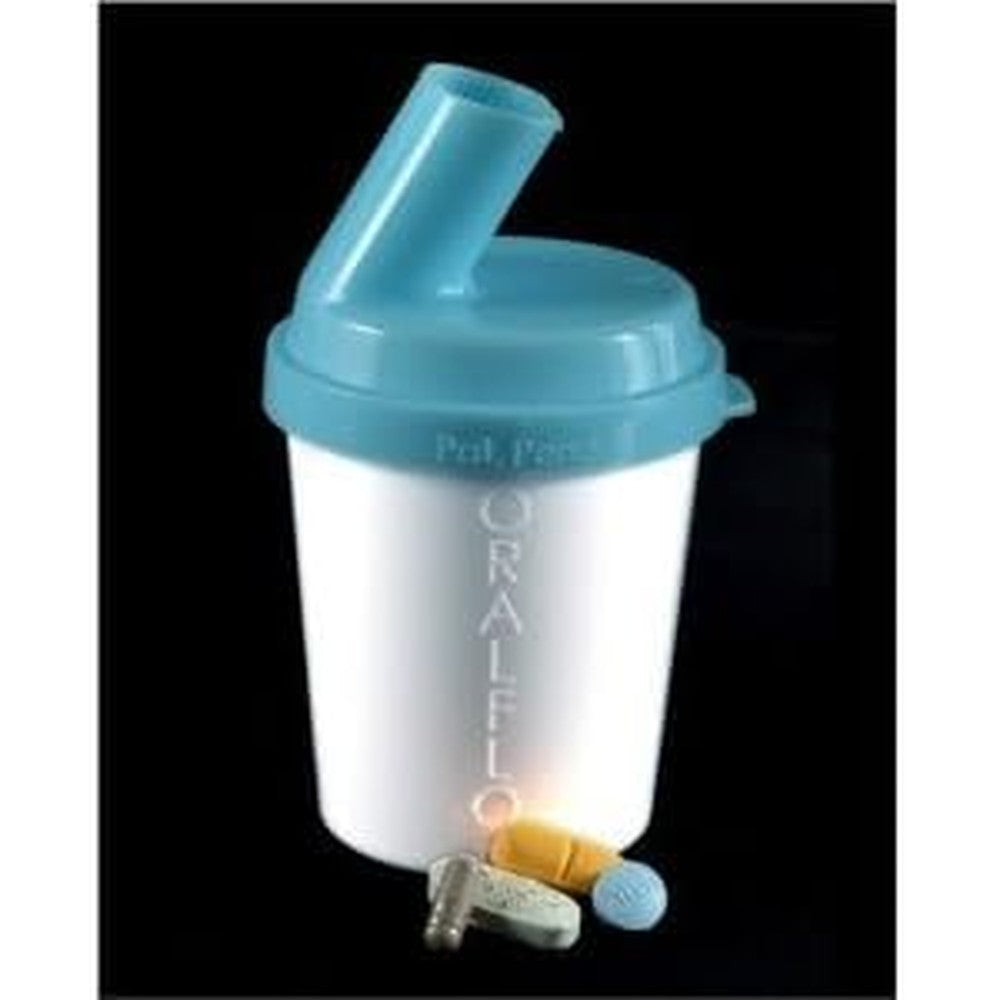 Oralflo Pill Swallowing Cup front view of authentic blue healthcare device for dysphagia support