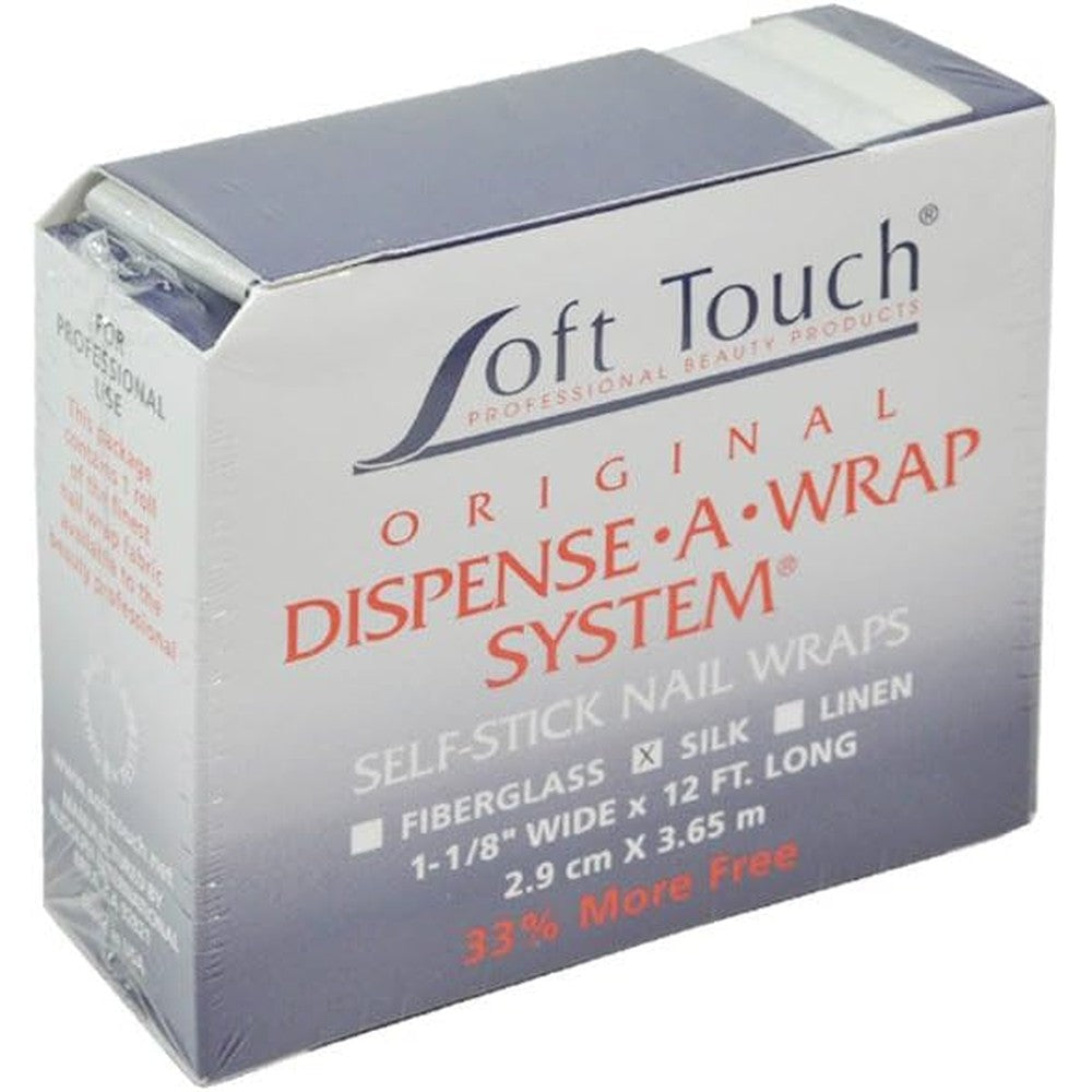 Soft Touch Original Dispense A Wrap System Silk box front view showing the self-adhesive nail wrap roll dispensing.