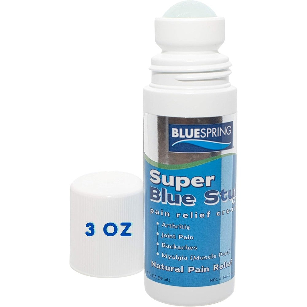Emu Therapy Super Blue Stuff Natural Pain Relief Roll On front view showing packaging.