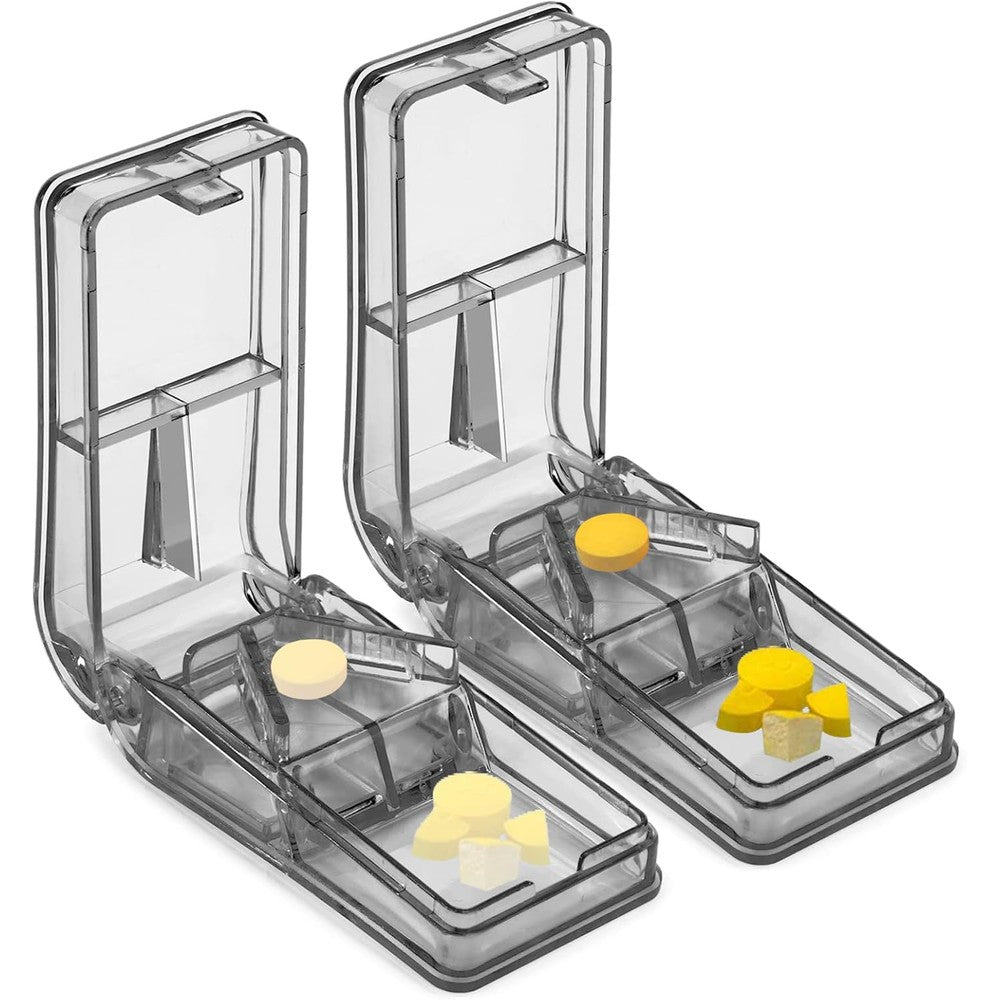 JohnBee 2PCS Pill Cutter front view showing the clear plastic body and gray safety shield