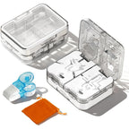 YULIKIKER adjustable pill cutter splitter front view showing white exterior and centering alignment mechanism.