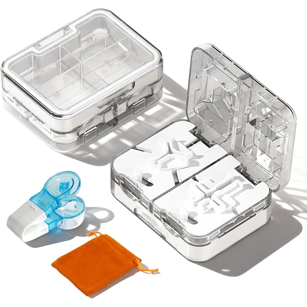 YULIKIKER adjustable pill cutter splitter front view showing white exterior and centering alignment mechanism.