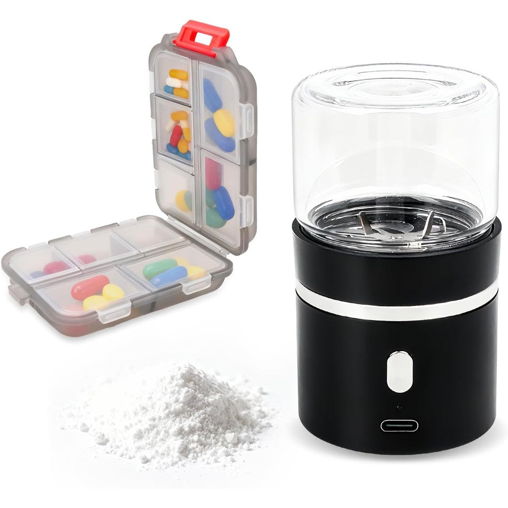 VNSod mini electric pill crusher front view showing compact black base and clear jar
