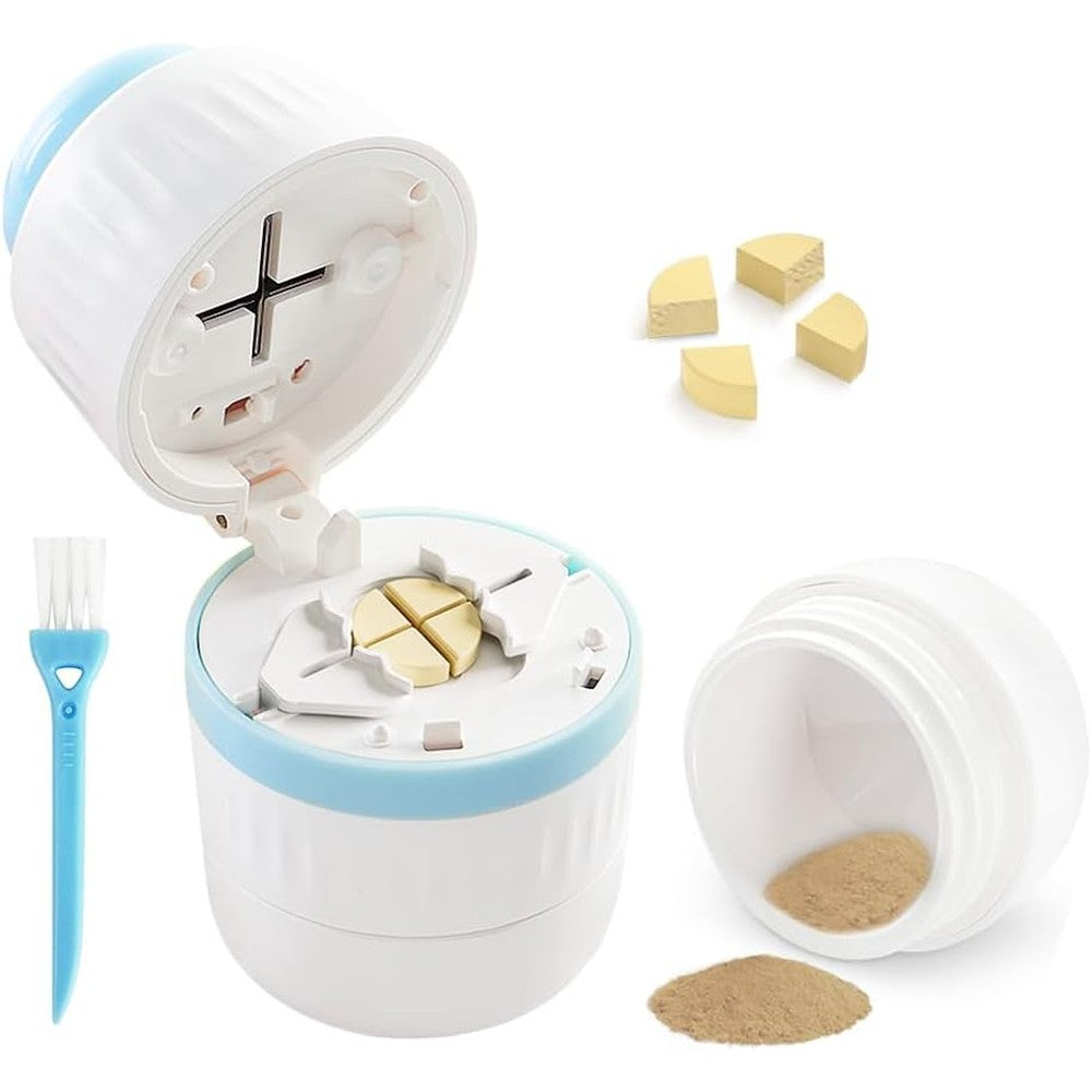 Cyanslen pill cutter front view showing the blue and white compact medical splitter design.
