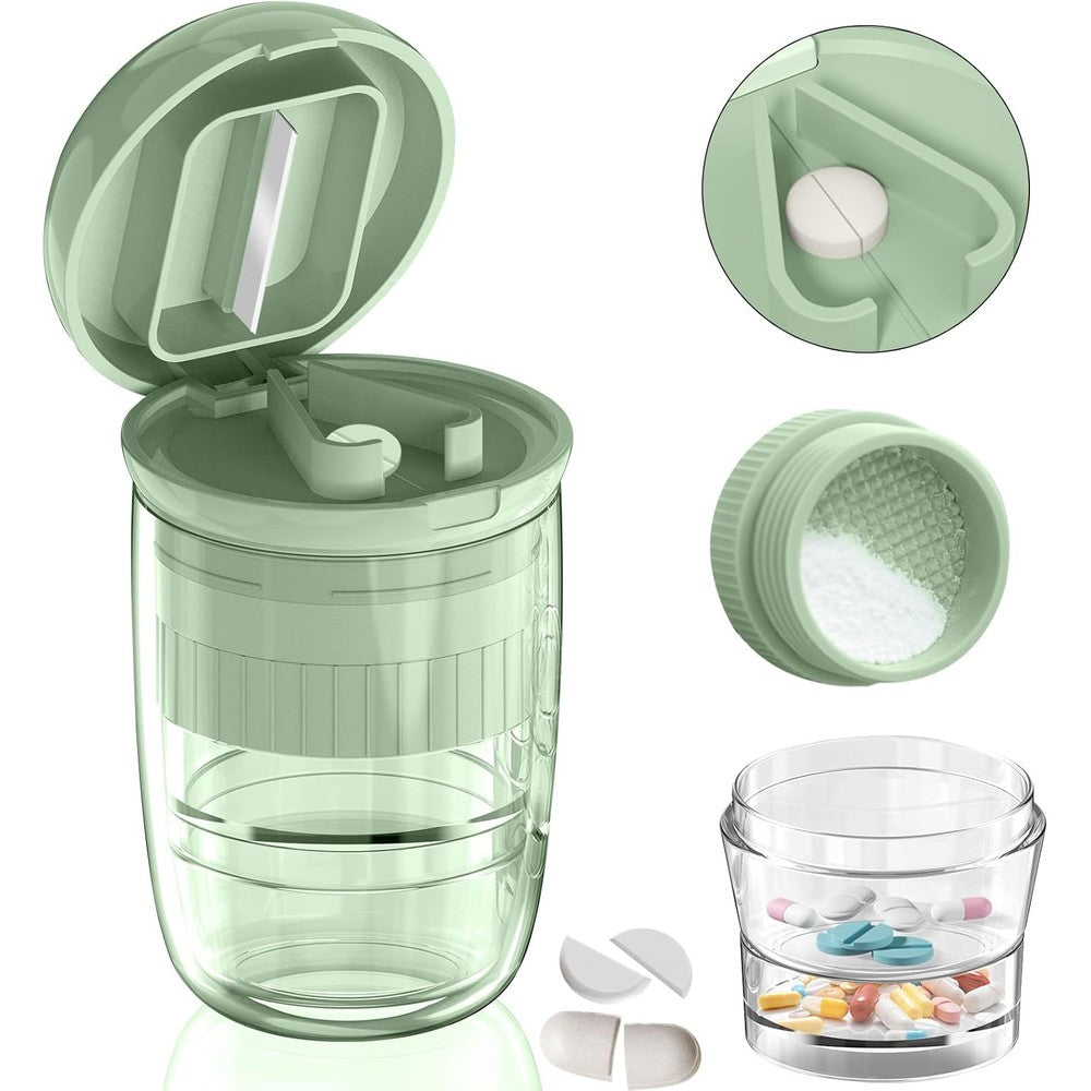 GloDeals 4-in-1 pill cutter splitter dispenser green front view showing compact medication management tool.