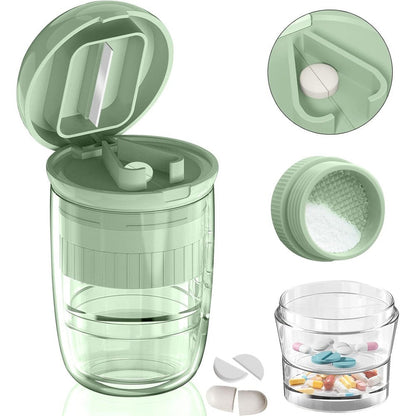 GloDeals 4-in-1 pill cutter splitter dispenser green front view showing compact medication management tool.