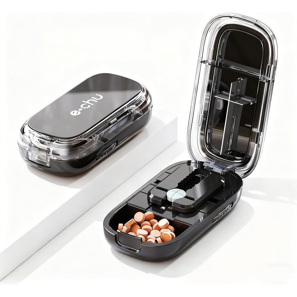 E Chu pill cutter splitter front view showing the sleek black portable exterior design.