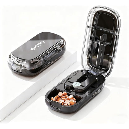 E Chu pill cutter splitter front view showing the sleek black portable exterior design.