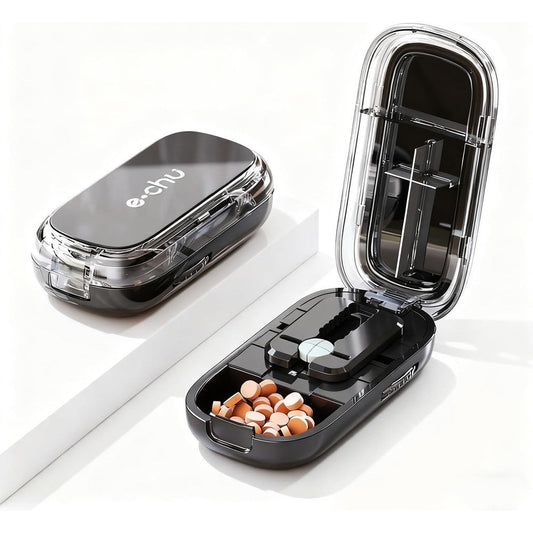 E Chu pill cutter splitter front view showing the sleek black portable exterior design.