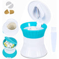 Giramika 3 in 1 pill cutter and splitter front view showing the white and teal medical organizer device.