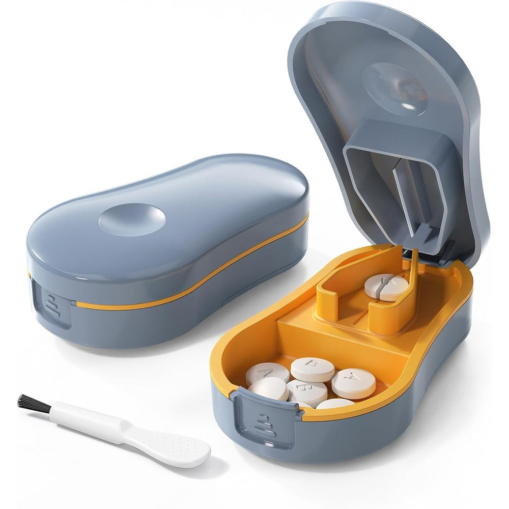 ZHIYES precision pill cutter front view showing blue design and safety lid.