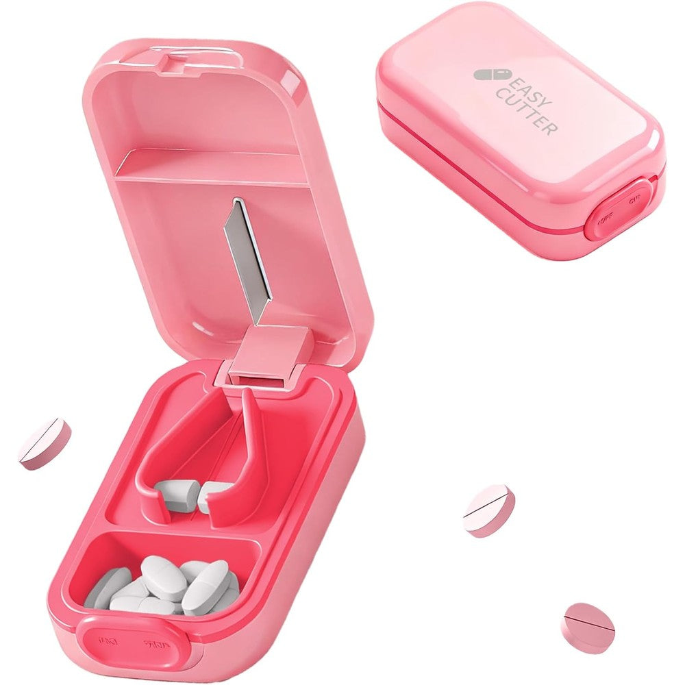Hafigigi Pill Cutter Splitter pink variant front view showing safety lock mechanism.