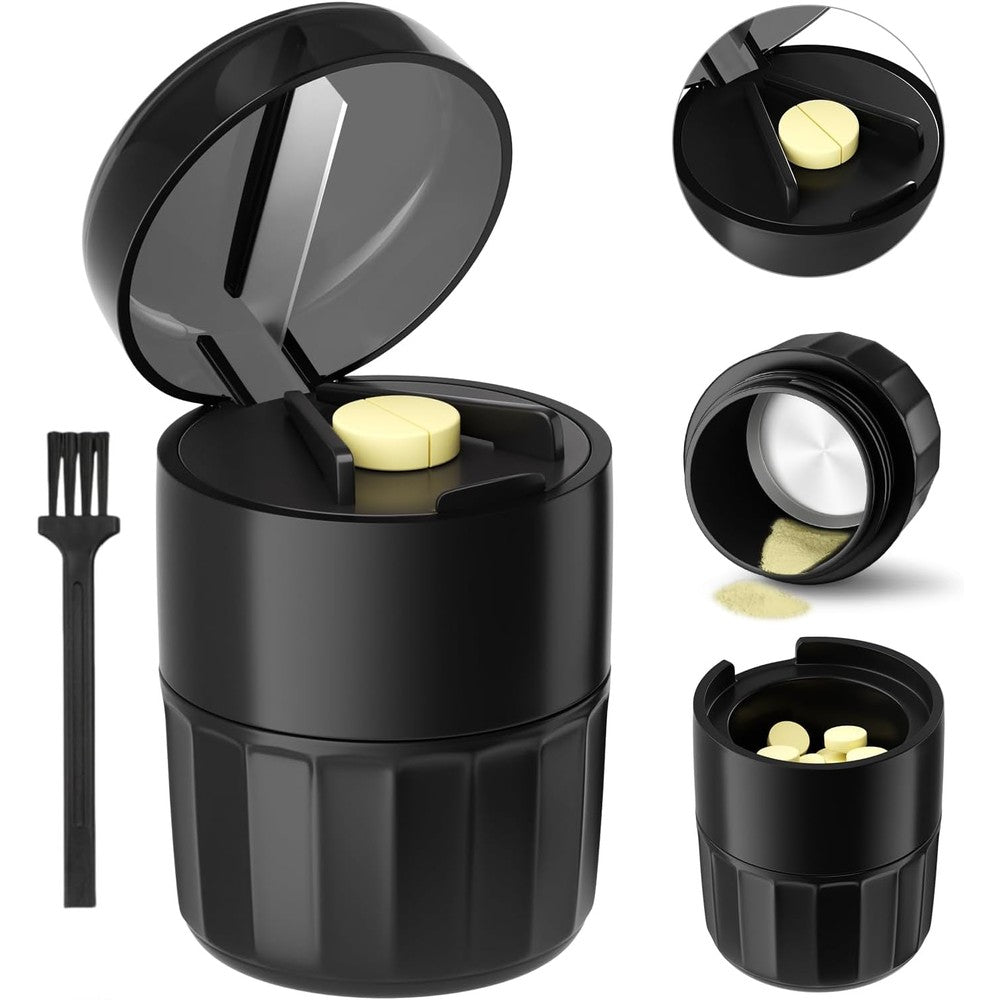 Renmingfed 3-in-1 Pill Crusher front view showing the matte black patterned exterior