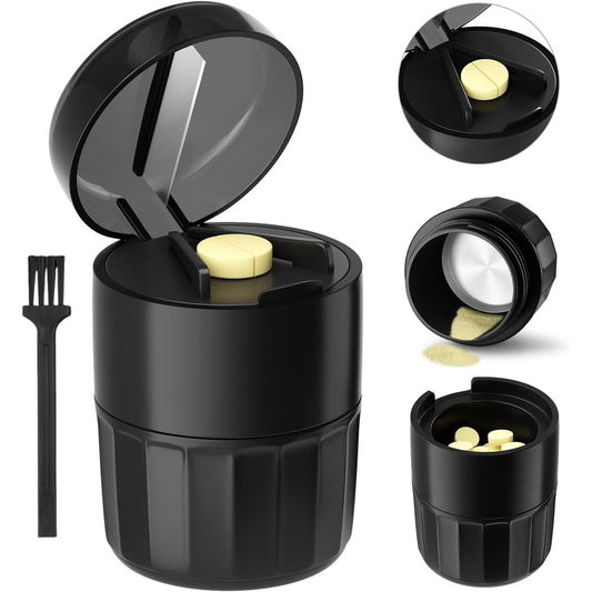 Renmingfed 3-in-1 Pill Crusher front view showing the matte black patterned exterior