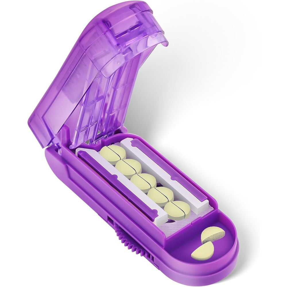 Dvches pill cutter splitter purple front view showing compact portable case design for home healthcare medication management.