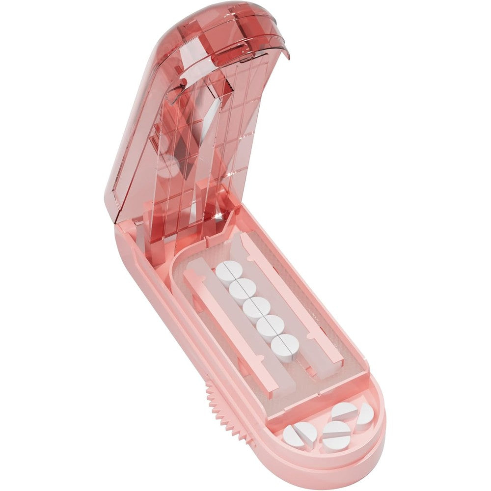 ONE PIX multiple pill cutter splitter front view showing pink plastic casing.