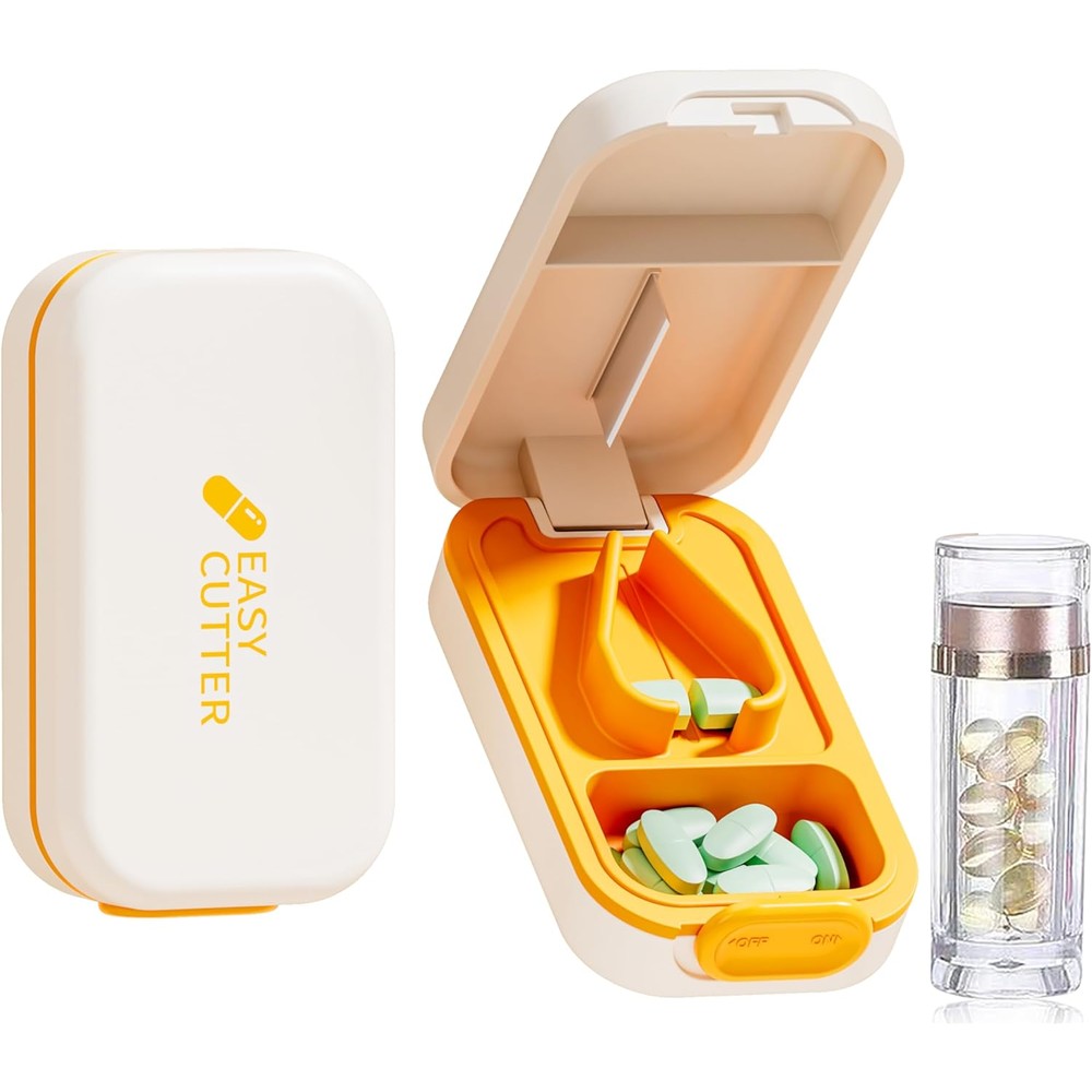 Vilosa pill cutter front view showing orange housing and open cutting compartment