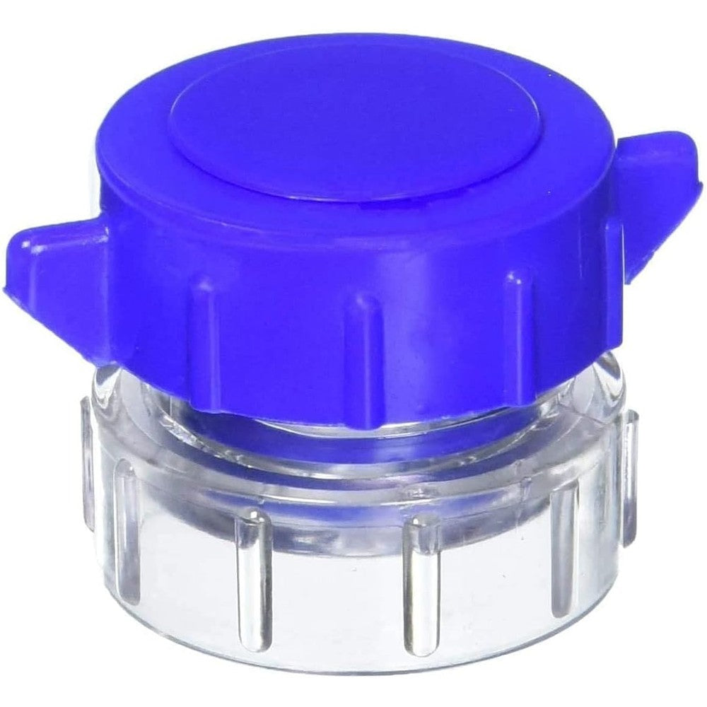 Adium Apex Pill Crusher front view showing the blue winged cap and transparent base.
