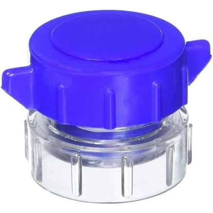 Adium Apex Pill Crusher front view showing the blue winged cap and transparent base.