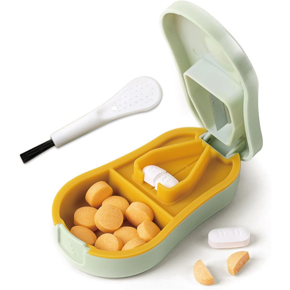 FANSTINOW pill cutter splitter front view showing cyan chassis and ergonomic snap button