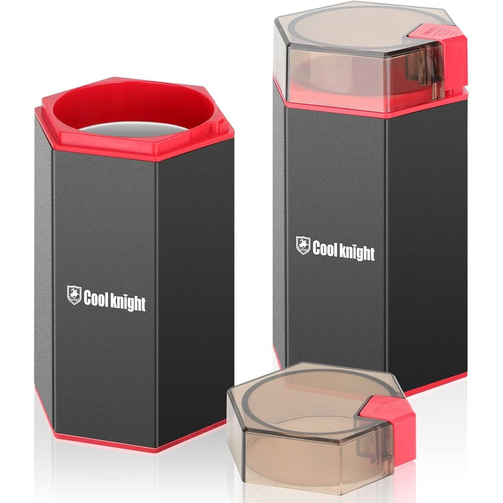 COOL KNIGHT electric pill crusher front view showing black and red hexagonal design on kitchen counter
