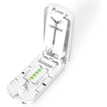 MKTWVG pill cutter for small pills showing white exterior design with secure front buckle closure