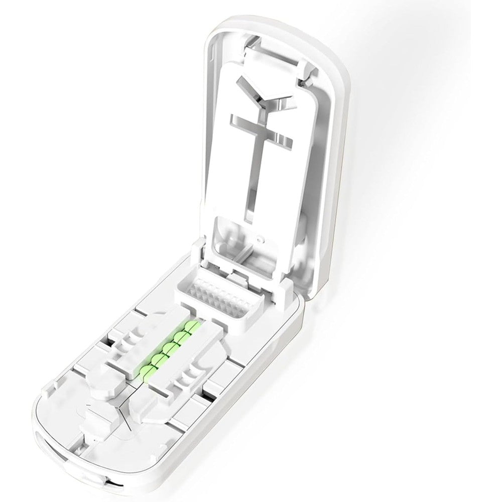 MKTWVG pill cutter for small pills showing white exterior design with secure front buckle closure