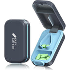 ViLoSa pill cutter front view showing the azure blue exterior and secure locking buckle design