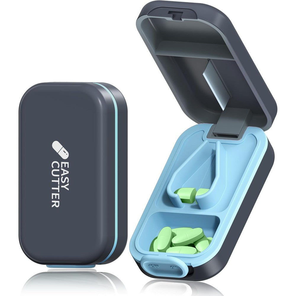 ViLoSa pill cutter front view showing the azure blue exterior and secure locking buckle design