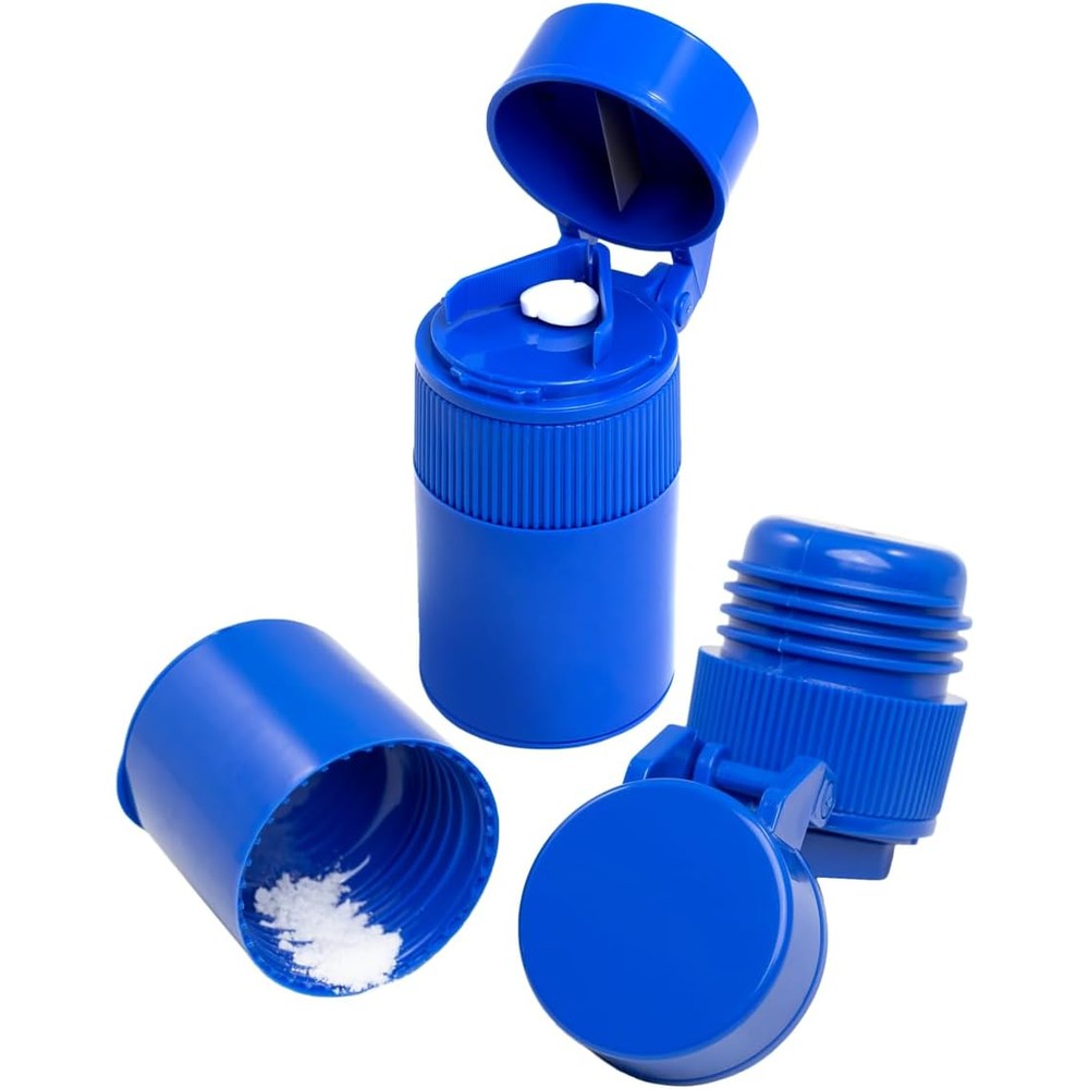 EZY DOSE 3 compartment pill crusher cutter and grinder front view showing blue medical-grade plastic body.