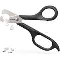 AUVON scissors shaped pill cutter front view showing sharp stainless steel blade