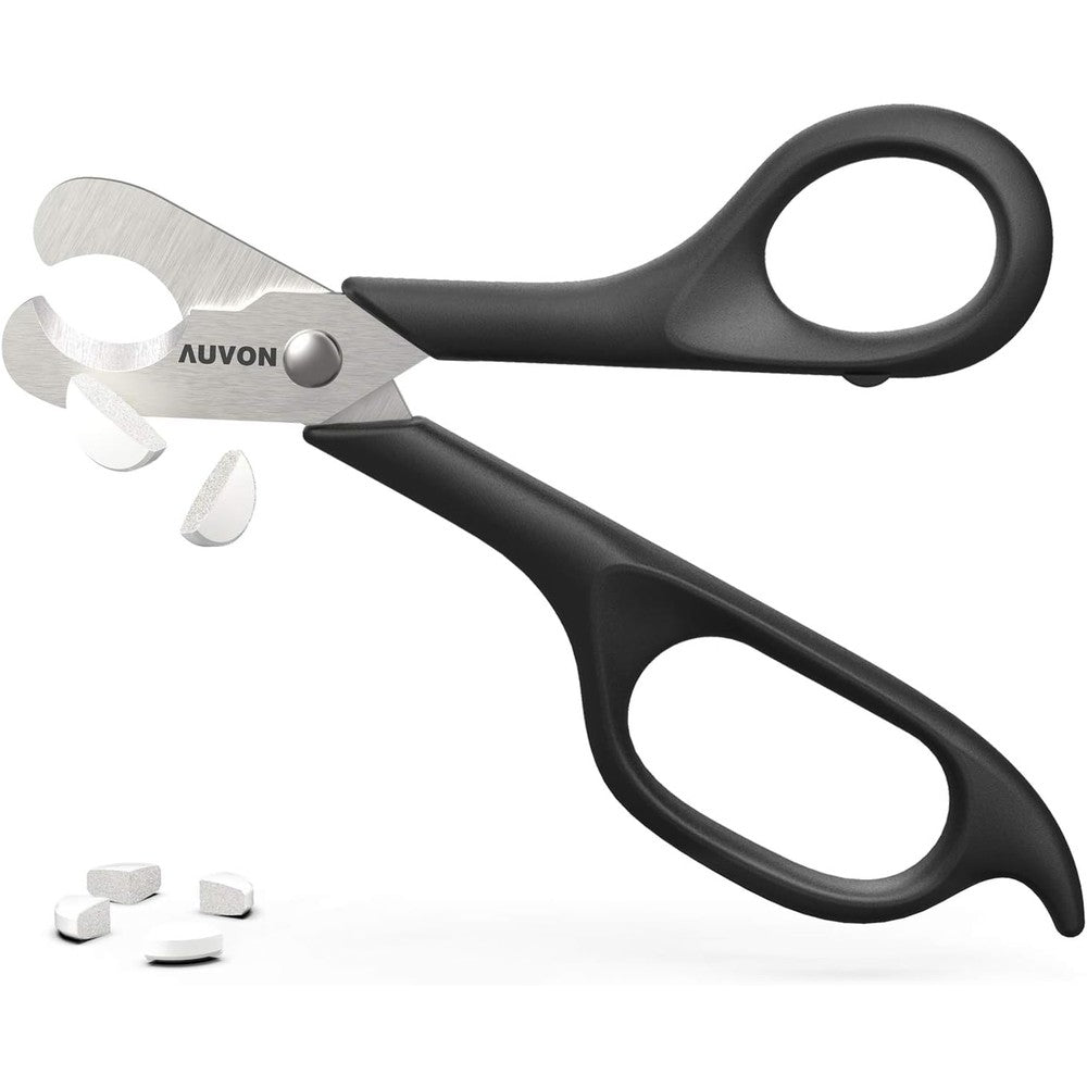 AUVON scissors shaped pill cutter front view showing sharp stainless steel blade