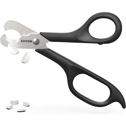 AUVON scissors shaped pill cutter front view showing sharp stainless steel blade