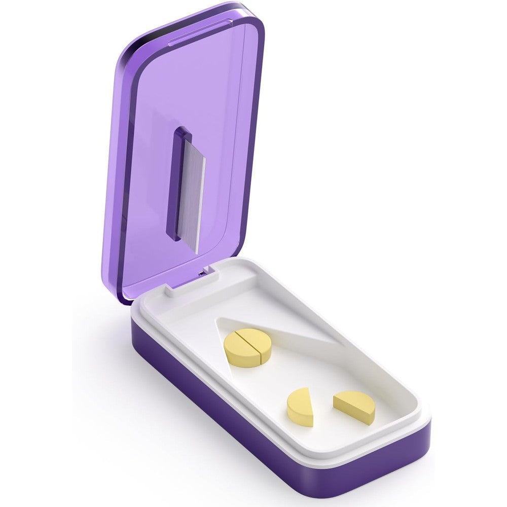 SevenYing pill cutter splitter front view showing purple exterior and compact travel design.