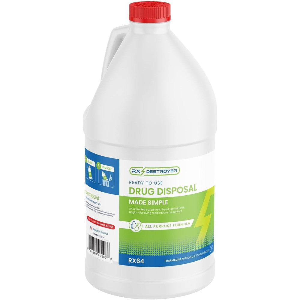 Rx Destroyer All Purpose Formula front view of sixty four ounce drug disposal bottle