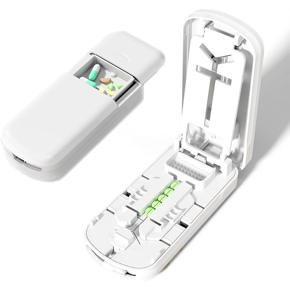 YULIKIKER portable dual blade pill cutter front view showing safety lock mechanism
