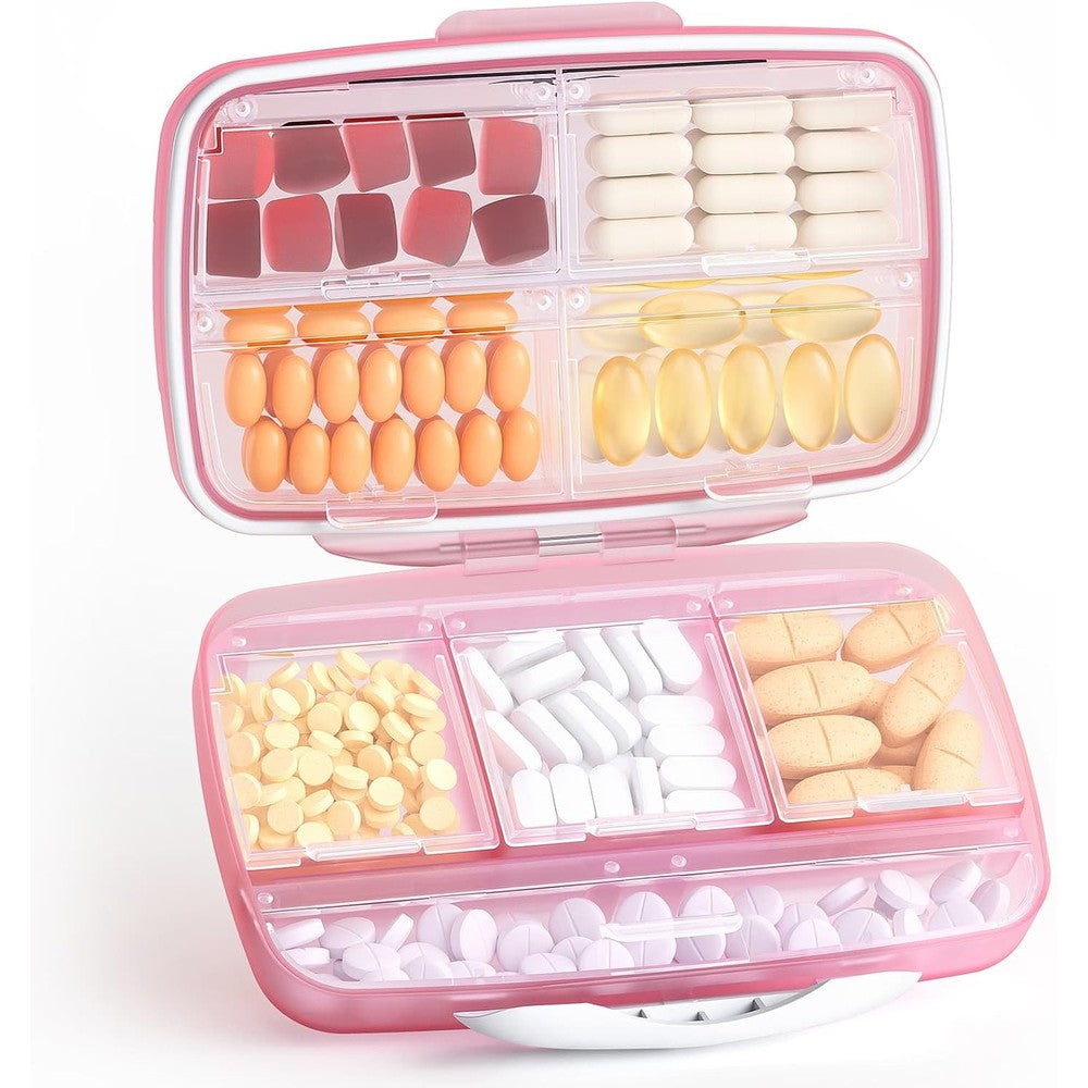 Barhon Travel Pill Organizer front view in vibrant pink showing sleek outer casing